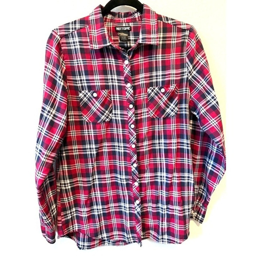 Hot Topic Plaid Button Down Shirt Women Large Red Grunge Emo Punk Indie